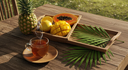 Tropical Fruit and Tea Still Life on Wooden Table.