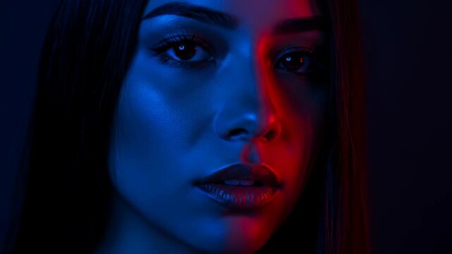 Close-up portrait of a young woman, half-lit in blue and red light