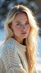 A woman with flowing blonde hair, dressed in a cozy sweater, looks at the camera with a serene gaze. Snowflakes gently fall, adding a touch of magic