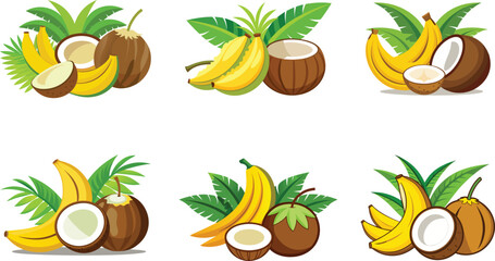 Cartoon illustration of bananas and coconuts with tropical leaves in different arrangements