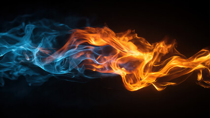 Close-up of blue and orange flames in dark background