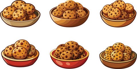 Bowls full of chocolate chip cookies in various shades of brown color