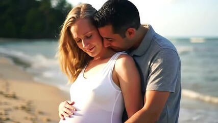 Beach Pregnancy Announcement Couple embraces, ocean waves in background