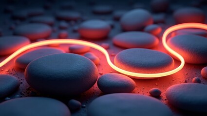 Glowing neon line over smooth stones abstract background