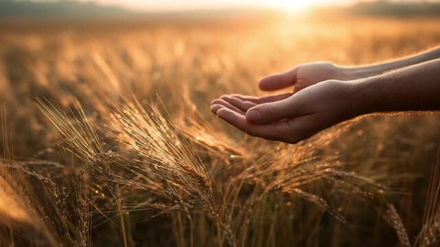 Hands Reaching for Wheat: A person's open hands cup the golden wheat fields bathed in the warm light of sunrise, representing the beauty of nature's bounty. 
