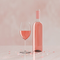 A Glass and Bottle of Rose Wine, on a Marble Desk, With Scattered Petals, No Label