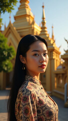 A young woman in front of a beautiful temple. The woman's long, black hair and elegant attire against a backdrop of gilded structures and clear sky