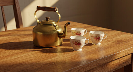 Vintage Brass Kettle and Floral Teacups on Wooden Table.
