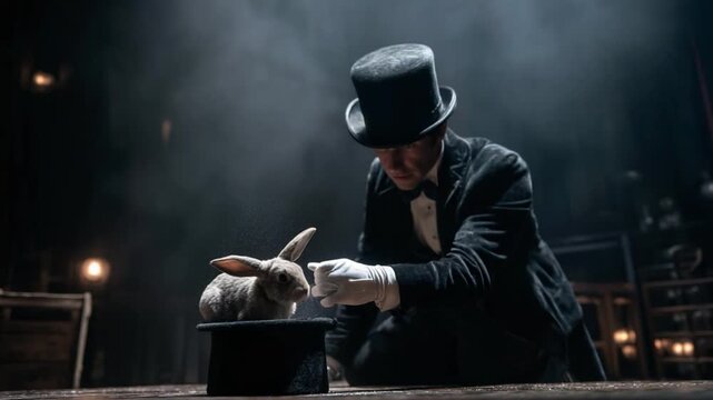 Mysterious Magician with his Rabbit: A mesmerizing magician in a top hat and tuxedo performs a captivating illusion, interacting with an adorable rabbit in a classic magic act setting.