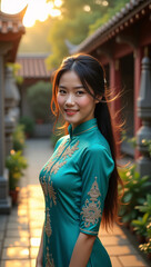 A beautiful young woman wearing a traditional dress smiling in the traditional style building setting