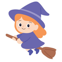 Cute Witch Flying on Broom, Halloween Celebration. Hand Drawn Vector Art.