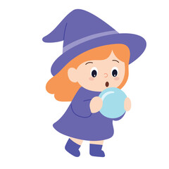 Cute Witch Girl with Crystal Ball. Hand Drawn Vector Art.