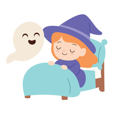 Dreaming Witch with a Smiling Ghost on a Bed. Hand Drawn Vector Art.Dreaming Witch with a Smiling Ghost on a Bed. Hand Drawn Vector Art.