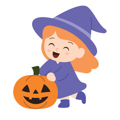 Happy Witch Girl with Pumpkin. Hand Drawn Vector Art.