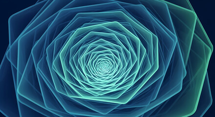 Abstract geometric spiral pattern with blue and green gradient color scheme on dark background