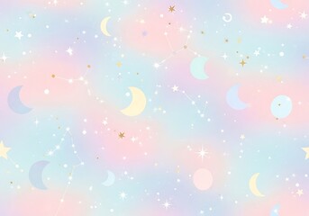 Fototapeta premium Dreamy celestial pattern with pastel colors, moons, stars and constellations design