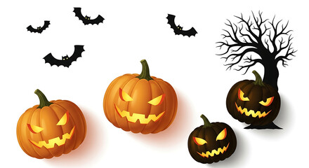 Three jack o lanterns with carved faces and bats flying around a spooky tree on a white background
