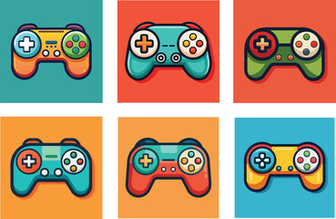 Set of Six Retro Style Colorful Game Controllers on Different Backgrounds