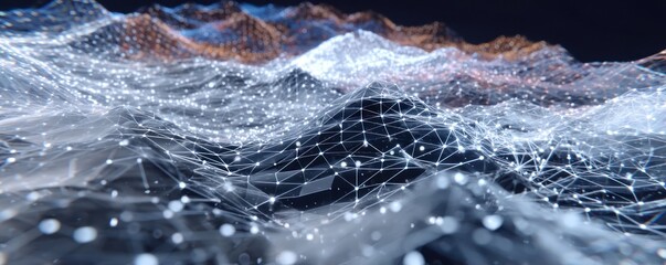 Futuristic Network Landscape Featuring Interconnected Nodes and Lines, Representing Global Communication and Data Flow in a Digital World, 3D Render