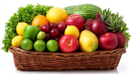Abundant harvest, a colorful basket overflowing with fresh fruits and vegetables on clean white background