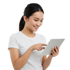 Fototapeta premium Young asian woman wearing a white t shirt interacting with a digital tablet device isolated on transparent background