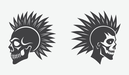 Two punk rock mohawk skull profiles facing opposite directions silhouette isolated on white background