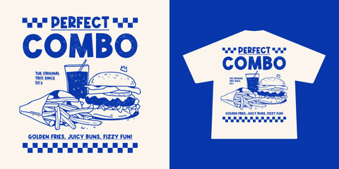 Naklejka na ściany i meble A retro-style illustration featuring a classic burger, french fries and soda combo, perfect for T-shirt printing and vintage-themed merchandise
