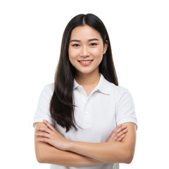Smiling young asian woman with long dark hair wearing a white polo shirt with arms crossed isolated on transparent background