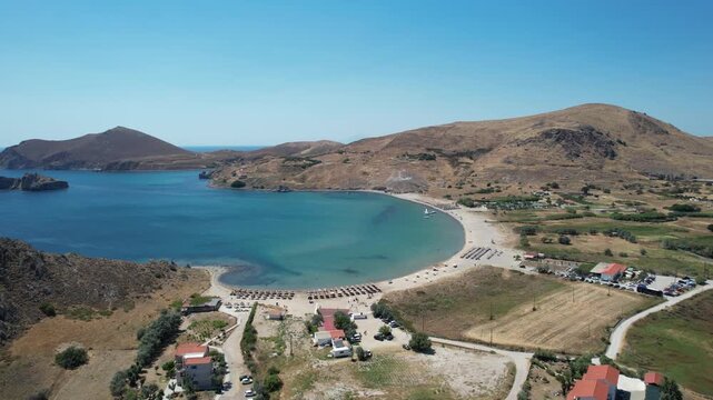 Thanos Beach in Limnos Greece, Aerial Panoramic View, Point of Interest Shot