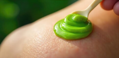 Close-up of a soothing, green herbal ointment being applied to a bruised area of skin Perfect for advertising natural healing remedies and pain relief products , skincare, ointment