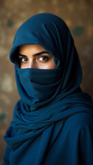 Portrait of a woman veiled in a blue hijab, with eyes that capture your attention