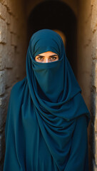 A captivating portrait of a woman in traditional attire, her eyes filled with mystery, framed by an architectural archway. Her serene expression is framed by a hijab.