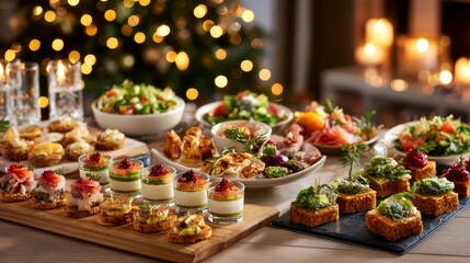 Fototapeta premium Elegant holiday buffet table with refined appetizers, soft bokeh lights, Christmas tree decor, and high-end food styling in a cozy modern setting.