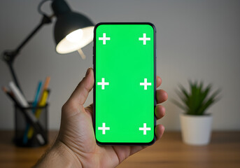 Hand Holding Smartphone with Green Screen Display and Tracking Markers on Desk
