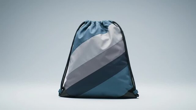 Striped drawstring bag studio shot, minimalist background, product display