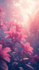 Blooming Pink Flowers with Palm Trees and Dreamy Soft Light