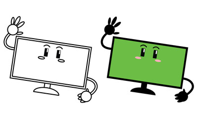 cute green screen monitor character vector illustration and line art style for kids, children's books or design elements about technology
