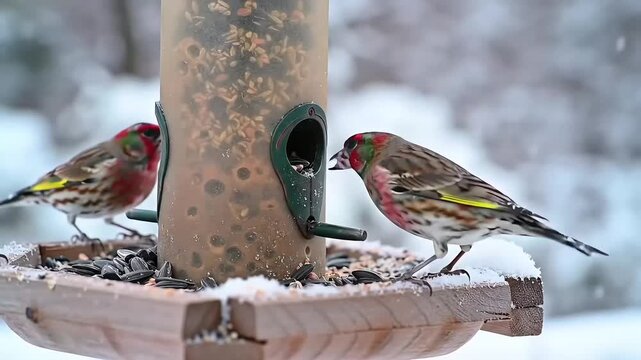 Winter birds feeding at snowy backyard feeder