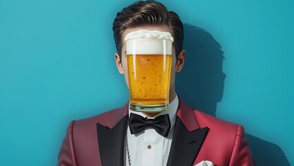 Modern collage-style male figure wearing a party suit with a frothy beer glass replacing his face, vivid cyan background, ultra sharp texture with shadow details, 32k, full ultra hd, high resolution
