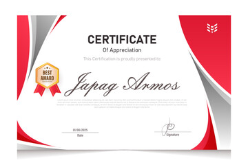 certificate of appreciation with a modern red and white theme