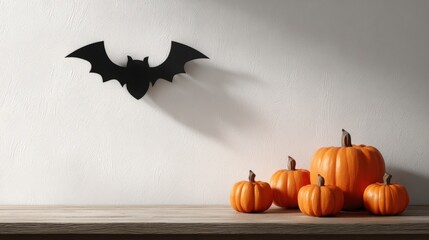 A variety of orange pumpkins are arranged on a white marble surface, complemented by black bat decorations on the wall, creating a festive atmosphere for Halloween celebrations