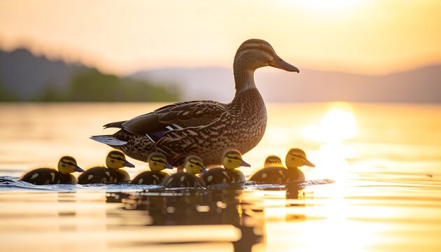 Ducks at sunrise on water - Powered by Adobe