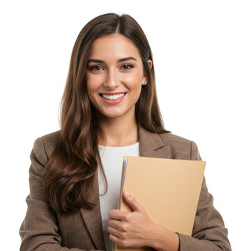 Smiling young professional woman wearing a blazer holding a folder isolated on transparent background