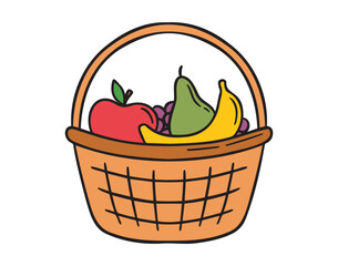 fruit basket icon doodle hand drawn. Cartoon colorful fruit basket line drawing clipart symbol