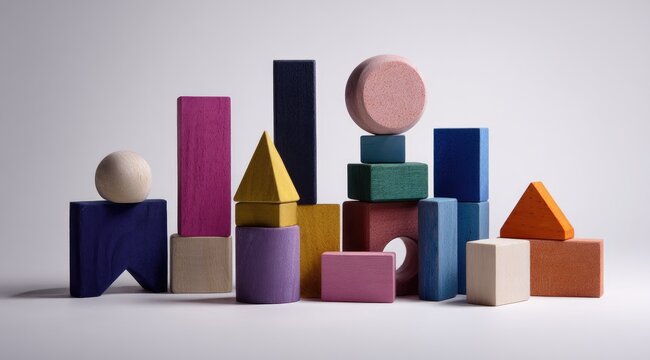 Colorful wooden blocks form abstract city skyline