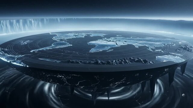 A flat Earth map depicted with continents, surrounded by an ice wall, and supported by pillars over a swirling base.