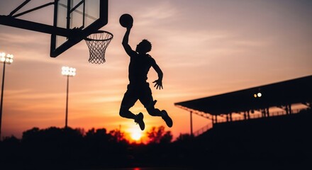 Dynamic basketball player in mid air performing a slam dunk against a vibrant sunset silhouette