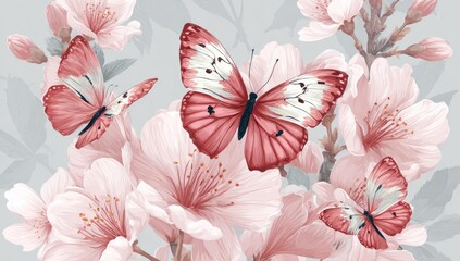 Pink butterflies flutter amidst delicate cherry blossoms