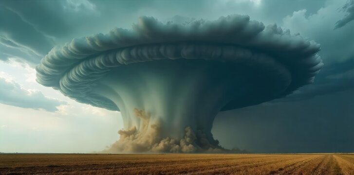A massive, dark, rotating funnel cloud touches down in a flat, open field, dust and debris swirling violently around its base The sky is a dramatic, ominous grey , powerful, hazard
