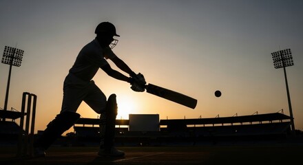 Cricket batsman in action during a sunset game captured in a striking silhouette against stadium lights and sky